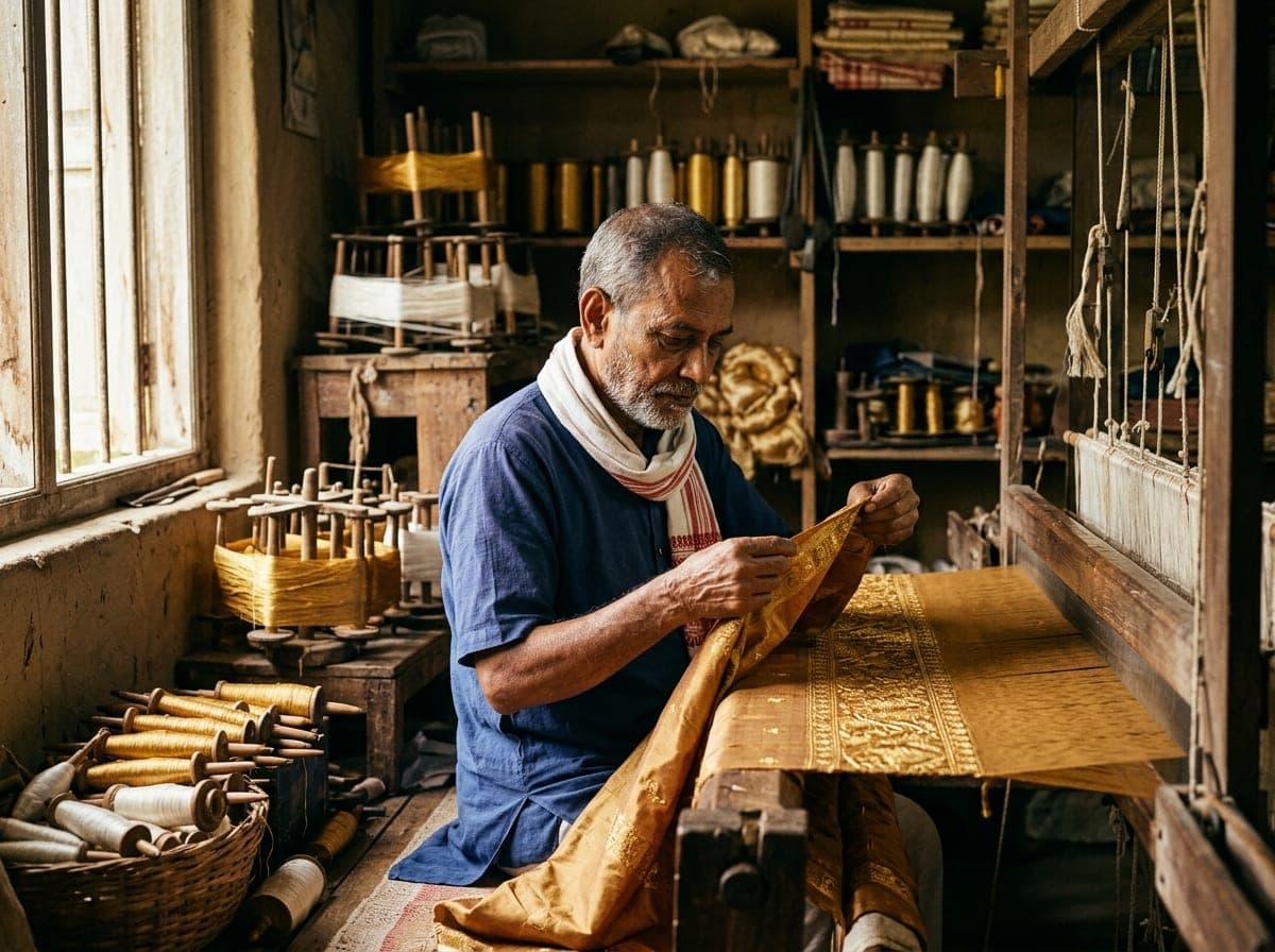 Master silk craftsman weaving Assamese silk at Maa Hiya Silk Factory in Sualkuchi