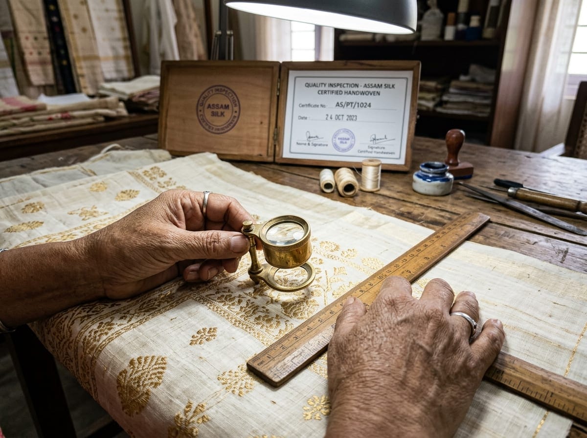 Quality inspection of handwoven Assamese silk fabric with optical loupe and testing documentation