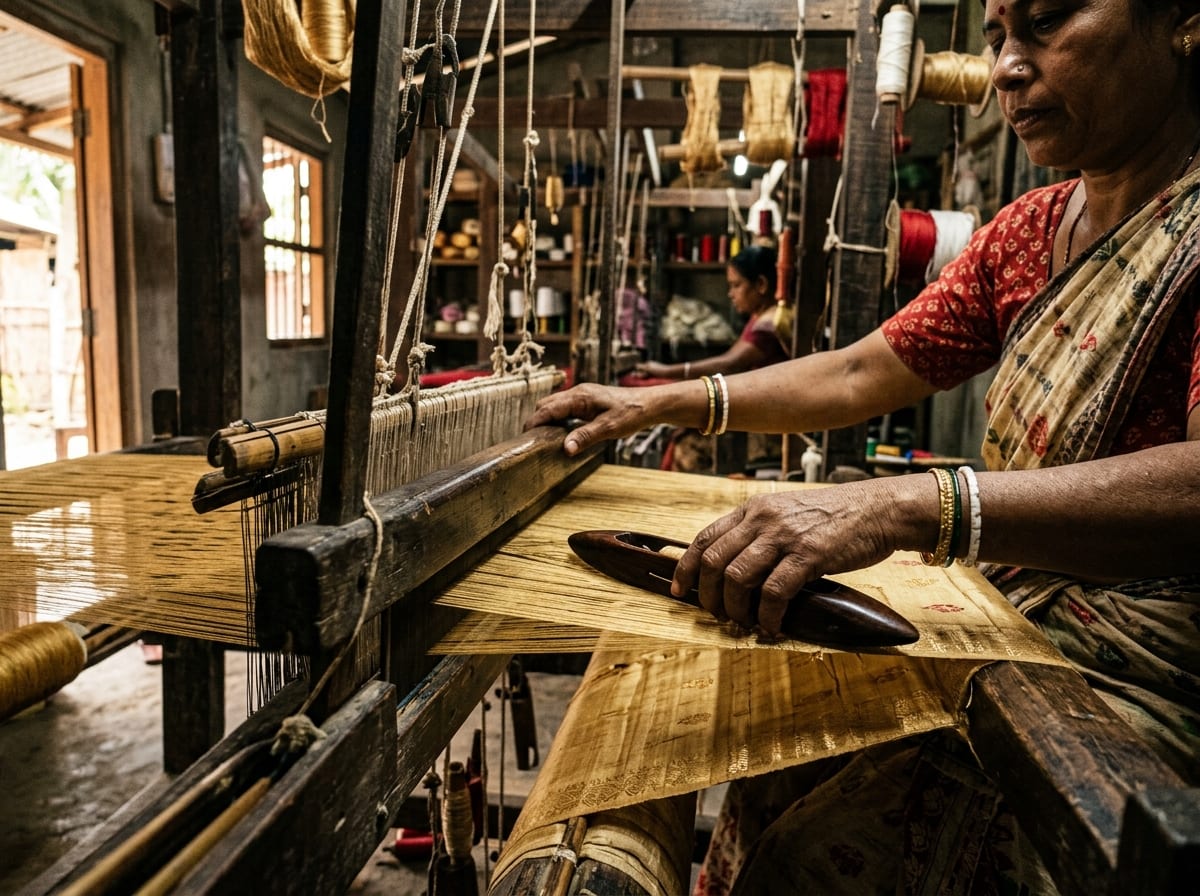 Skilled handloom weaving on traditional pit loom at Maa Hiya Silk Factory in Sualkuchi